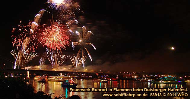 Hafenfest Duisburg-Ruhrort am Rhein. Blick von Duisburg-Alt-Homberg nach Duisburg-Ruhrort. Hafenkirmes mit zahlreichen historischen und modernen Fahrgeschäften sowie Riesenrad im Hafengebiet Duisburg-Ruhrort.